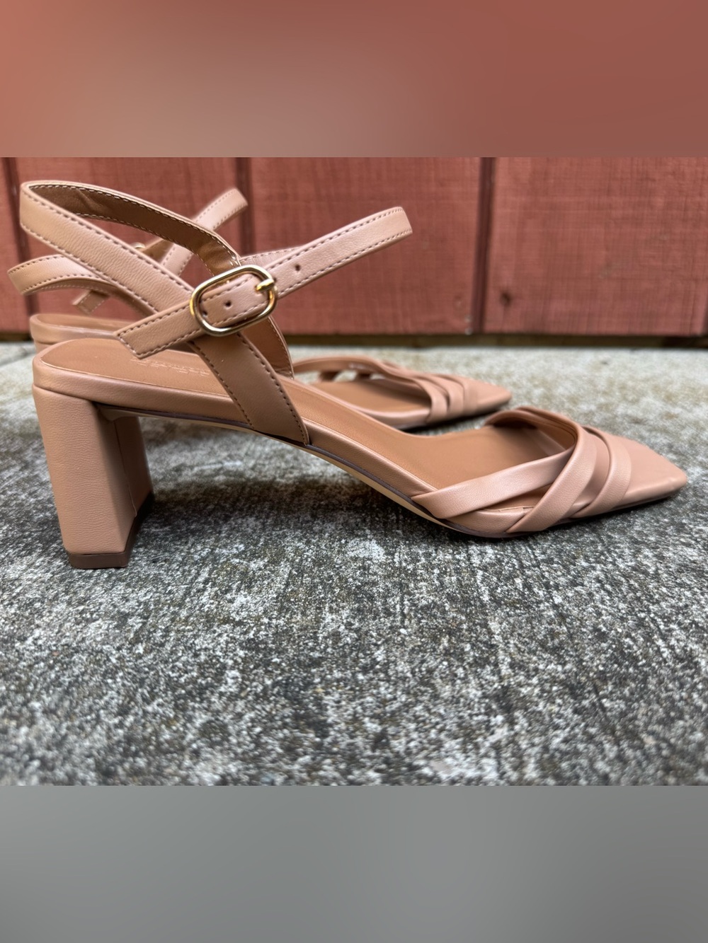 Open Edit Mayra Taupe Faux Leather Block Heel Ankle Strap Sandals Size 9M